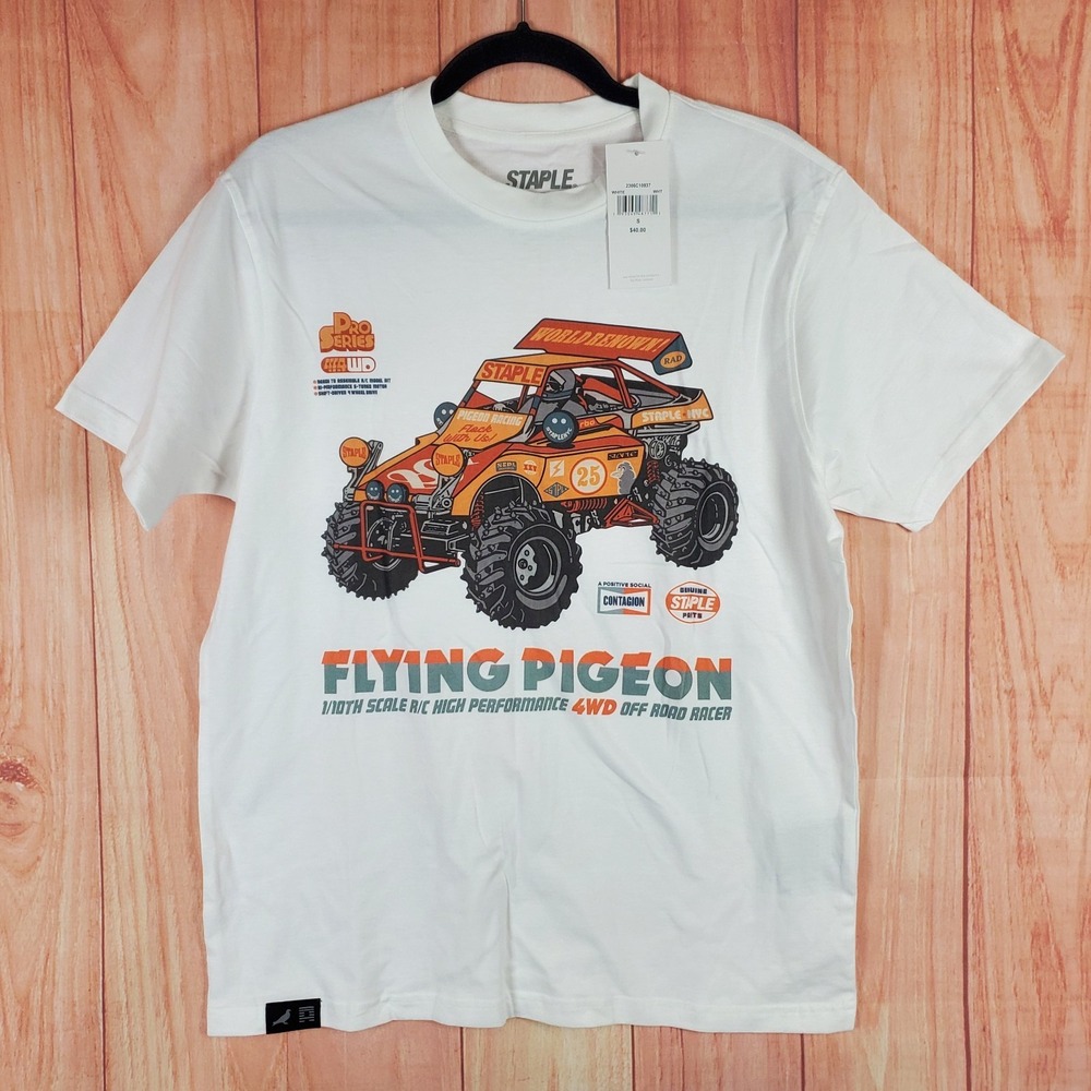 Staple X Allister Lee T Shirt Mens Small White Cotton Flying Pigeon Racing Car